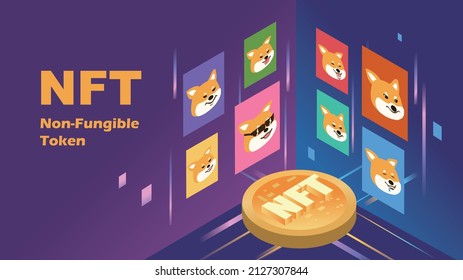 NFT theme design. Cryptographic art crypto art nft isometric composition with coin icons servers with lock and art collectors vector illustration. Non-fungible token.