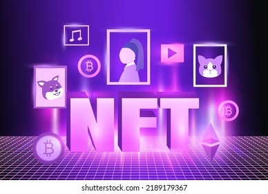 Diseño del tema de NFT. Composición isométrica del arte criptográfico nft con iconos de monedas e ilustración de coleccionistas de arte. Token no fungible.