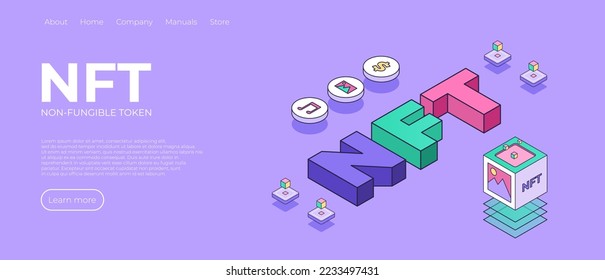 Diseño del tema de NFT. Arte criptográfico composición isométrica nft de arte criptográfico con texto 3d. token no fungible