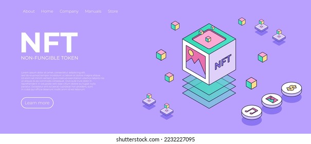 NFT Design-Zielseite. NFT abstrakte Concept Illustration in isometrischem Design. Nicht fungible Token Blockchain oder Marktplatz im Smartphone. Vektorgrafik-Design