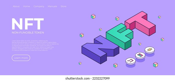 NFT theme design landing page. NFT abstract concept illustration in isometric design. Non-fungible token blockchain or marketplace. Vector illustration design