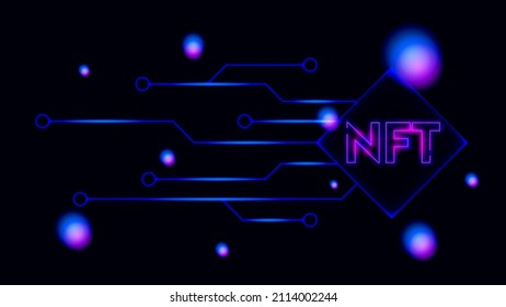 Diseño de temas NFT, token no fungible con estilo de línea de red, estilo de luz de neón, color de espacio.