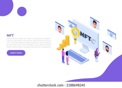  NFT theme isometric concept. Cryptographic art. Non-fungible token. Vector illustration. 
