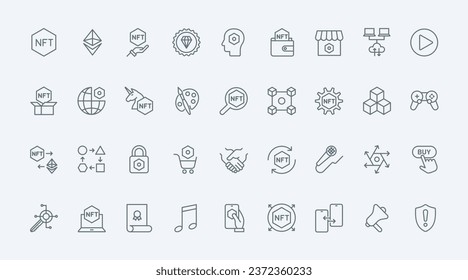 NFT thin line icons set vector illustration. Outline digital artwork and data symbols of artist for art collector, blockchain and ethereum, mining cryptocurrency, buy and exchange at marketplace