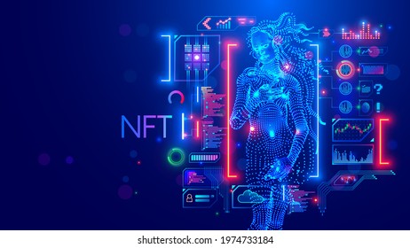 NFT token in artwork. Blockchain technology in digital crypto art, computer illustration, design. Create ERC20 of collectibles. Investment in cryptographic. Birth of Venus. Conceptual banner.