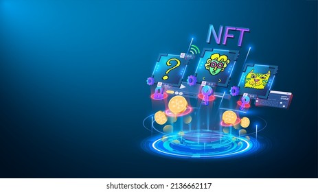 NFT token in artwork. Platform showing NET crypto art hologram. NFT token in blockchain technology in digital crypto art. Pixel art cryptopunks monkey, question and character set. Conceptual banner.