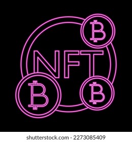 NFT token and bitcoin cryptocurrency neon vector symbol for web sites and mobile apps, crypto financial blockchain technology online money coin