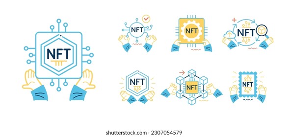 NFT token in blockchain technology in digital crypto art. A non-fungible token with intellectual property aspects. Buying a token. Vector illustration concepts for website development.