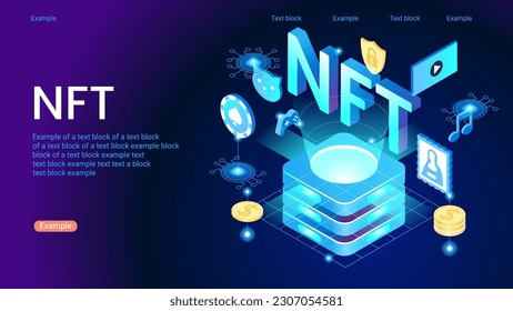 NFT token in blockchain technology in digital crypto art. A non-fungible token with intellectual property aspects. Buying a token. Vector illustration concepts for website development.