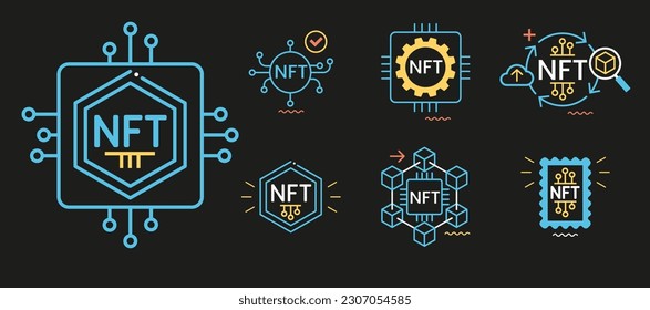 NFT token in blockchain technology in digital crypto art. A non-fungible token with intellectual property aspects. Buying a token. Vector illustration concepts for website development.