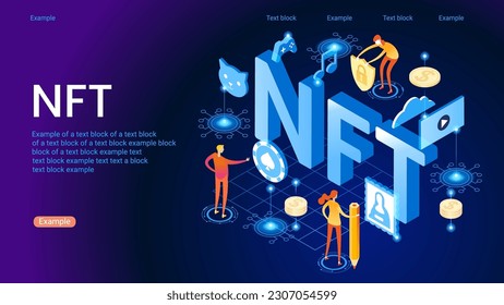 NFT token in blockchain technology in digital crypto art. A non-fungible token with intellectual property aspects. Buying a token. Vector illustration concepts for website development.