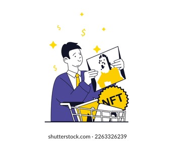 Concepto de token NFT con situación de carácter. Un coleccionista compra obras de arte digitales únicas e imágenes de pinturas en mercados en línea. Ilustración vectorial con escenas de personas en diseño plano para web
