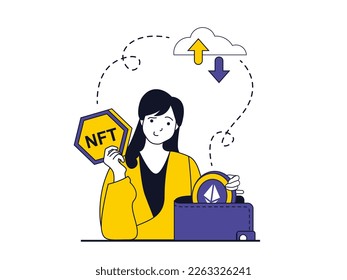 NFT token concept with character situation. Woman making crypto transactions and earning money from selling unique digital artworks. Vector illustration with people scene in flat design for web