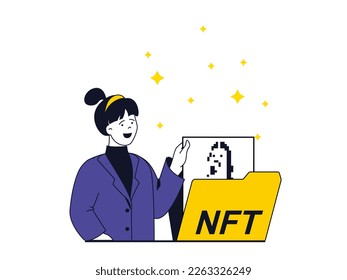 NFT token concept with character situation. Woman seller trading on virtual marketplaces and auctions with digital pictures and other art. Vector illustration with people scene in flat design for web