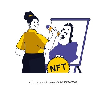 NFT token concept with character situation. Woman creates digital masterpieces of digital art for sale on virtual sites and online gallery. Vector illustration with people scene in flat design for web