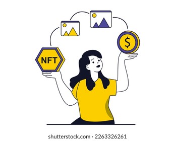 NFT token concept with character situation. Woman makes online transaction with cryptocurrency and buys digital art with NFT technology. Vector illustration with people scene in flat design for web