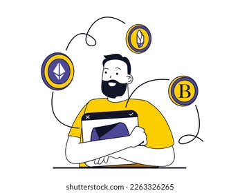 Concepto de token NFT con situación de carácter. Hombre comprando con criptodivisa obras de arte digitales con token no fungible en el mercado en línea. Ilustración vectorial con escenas de personas en diseño plano para web