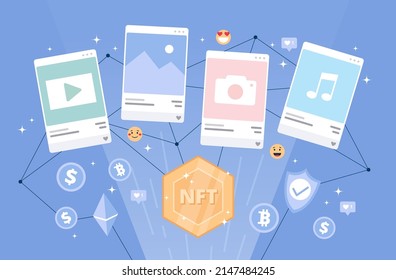 NFT token concept - digital goods trading. Crypto currency icons amd emoji icons. Vector illusration in flat cartoon style