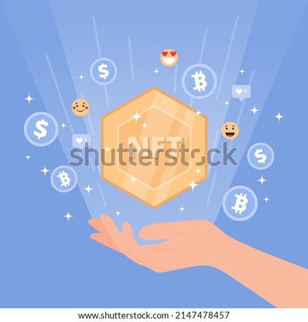 NFT token concept - hand holding non fungible token. Different currency icons amd emoji icons. Vector illusration in flat cartoon style