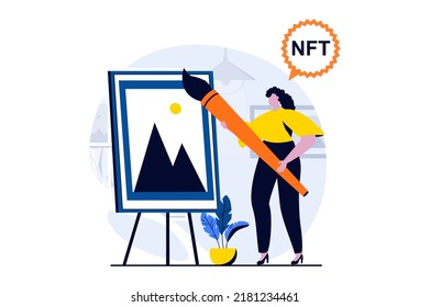 NFT token concept with people scene in flat cartoon design. Woman artist with brush paints digital painting using NFT technology to sell on online marketplace. Vector illustration visual story for web