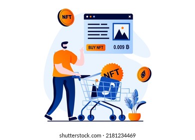 NFT token concept with people scene in flat cartoon design. Man buys paintings, music and other digital works of art on platform with cryptocurrency payment. Vector illustration visual story for web
