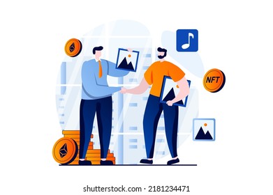 NFT token concept with people scene in flat cartoon design. Seller offers digital paintings at online auction and man buys art for private virtual collection. Vector illustration visual story for web