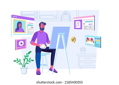 NFT token concept with people scene for web. Man artist creates unique digital artworks using non fungible token technology for selling at marketplaces. Vector illustration in flat perspective design