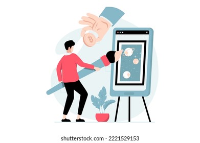 NFT token concept with people scene in flat design. Man artist drawing digital paintings with with non fungible token for virtual art auctions. Vector illustration with character situation for web