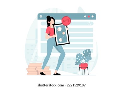 NFT token concept with people scene in flat design. Woman creating unique digital painting for virtual exhibition and selling masterpieces online. Vector illustration with character situation for web