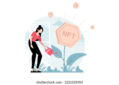 NFT token concept with people scene in flat design. Woman watering tree with non fungible token symbol and developing her business at marketplaces. Vector illustration with character situation for web