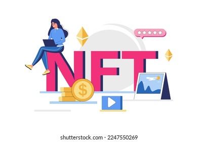 NFT token concept with people scene in flat design. Woman invests bitcoins and other cryptocurrencies in purchase of unique arts on marketplaces. Vector illustration with character situation for web