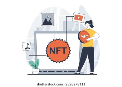 Concepto de token NFT con escena de personas en diseño plano para web. Mujer creando tokens únicos para obras de arte colectivas en galería virtual. Ilustración vectorial para banner de medios sociales, material de marketing.