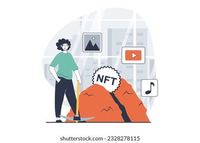 NFT token concept with people scene in flat design for web. Man with pickaxe creating digital content with non fungible token for sell. Vector illustration for social media banner, marketing material.