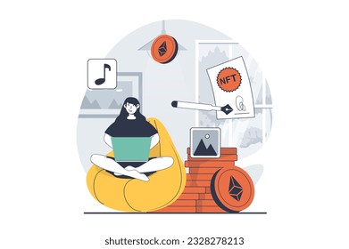 NFT token concept with people scene in flat design for web. Woman making digital signing for digital content or artwork painting. Vector illustration for social media banner, marketing material.
