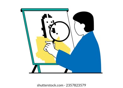 Concepto de token NFT con escena de personas en diseño web plano. Hombre buscando obras de arte coleccionables digitales para comprar en subasta virtual. Ilustración vectorial para banner de medios sociales, material de marketing.