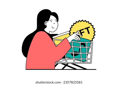 NFT token concept with people scene in flat web design. Woman investing crypto money and making online purchases of digital artworks. Vector illustration for social media banner, marketing material.