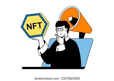 Concepto de token NFT con escena de personas en diseño web plano. Hombre promocionando y vendiendo fotos digitales en mercados para obtener ganancias. Ilustración vectorial para banner de medios sociales, material de marketing.