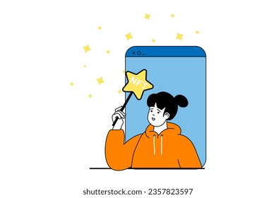 NFT token concept with people scene in flat web design. Women investing money in unique art at online auction and global marketplaces. Vector illustration for social media banner, marketing material.