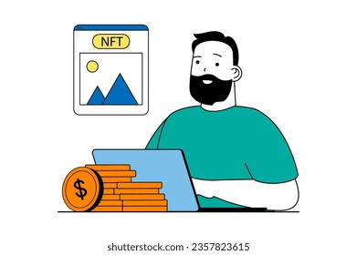 NFT token concept with people scene in flat web design. Man buys digital artwork with unique non fungible token at virtual marketplace. Vector illustration for social media banner, marketing material.