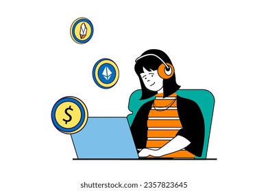NFT token concept with people scene in flat web design. Woman at laptop buying collectible art in virtual auctions by cryptocurrency. Vector illustration for social media banner, marketing material.