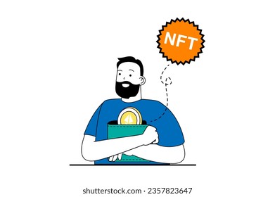 Concepto de token NFT con escena de personas en diseño web plano. Hombre con billetera criptodivisa pagando por arte digital único en el mercado. Ilustración vectorial para banner de medios sociales, material de marketing.
