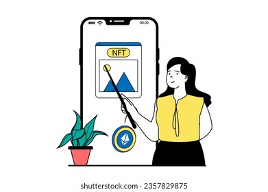 NFT token concept with people scene in flat web design. Woman trading digital picture masterpiece at online auction for getting profit. Vector illustration for social media banner, marketing material.