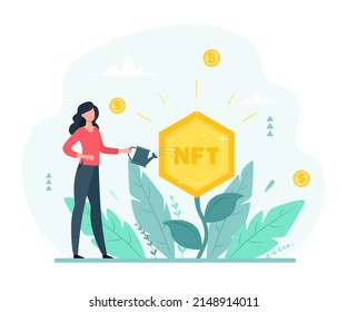 NFT token concept - a woman raises a non-fungible token. Various currency icons. Vector illustration in flat cartoon style