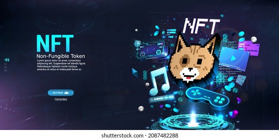 NFT Token In Crypto Artwork. Banner Non-fungible Token With Aspects Of Intellectual Property. NFT Token In Blockchain Technology In Digital Crypto Art. ERC20. 3D Hologram With Cryptocurrency And Art