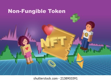 NFT token in crypto artwork. Banner Non-fungible token with aspects of intellectual property. ERC20. 3D hologram with Cryptocurrency and art