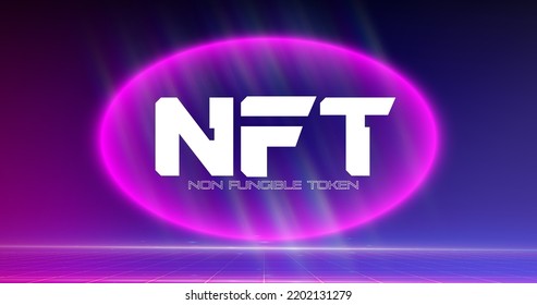 token de NFT en la ilustración criptográfica. Símbolo no fungible con aspectos de propiedad intelectual. NFT token en tecnología blockchain en cripto digital art. ERC20. Holograma 3D con criptodivisa y arte