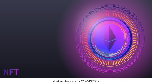 NFT token in crypto artwork. NFT token in blockchain technology in digital crypto art. Technology abstract. Futuristic vector. NFT concept with blockchain technology. Banner. 