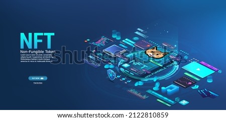 NFT token in crypto artwork on mobile phone. Application to buy NFT, crypto art, gif, audio or video. Cryptocurrency Selling App. Non-fungible token concept. Blue 3D isometric illustration. Vector	
