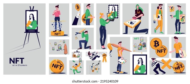 NFT token cryptocurrency flat composition buying arts and selling them with cryptocurrency set vector illustration