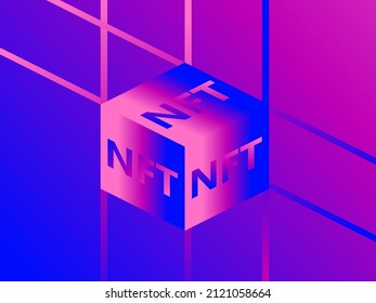 NFT token cube with blue and purple color gradient. Non-fungible NFT token. isometric cube. Digital art in blockchain technology. Vector illustration